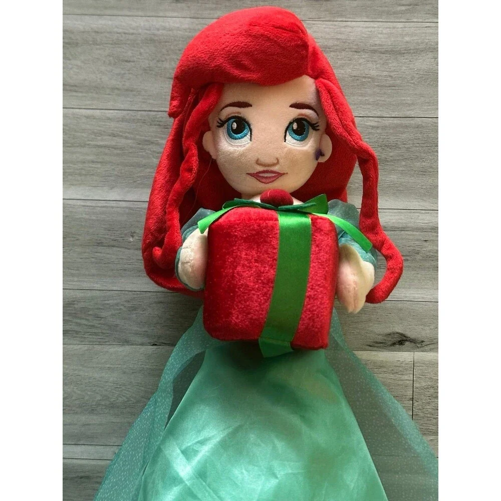 Disney  Ariel Plush Doll with Red Hair & Green Dress Holding Red Gift